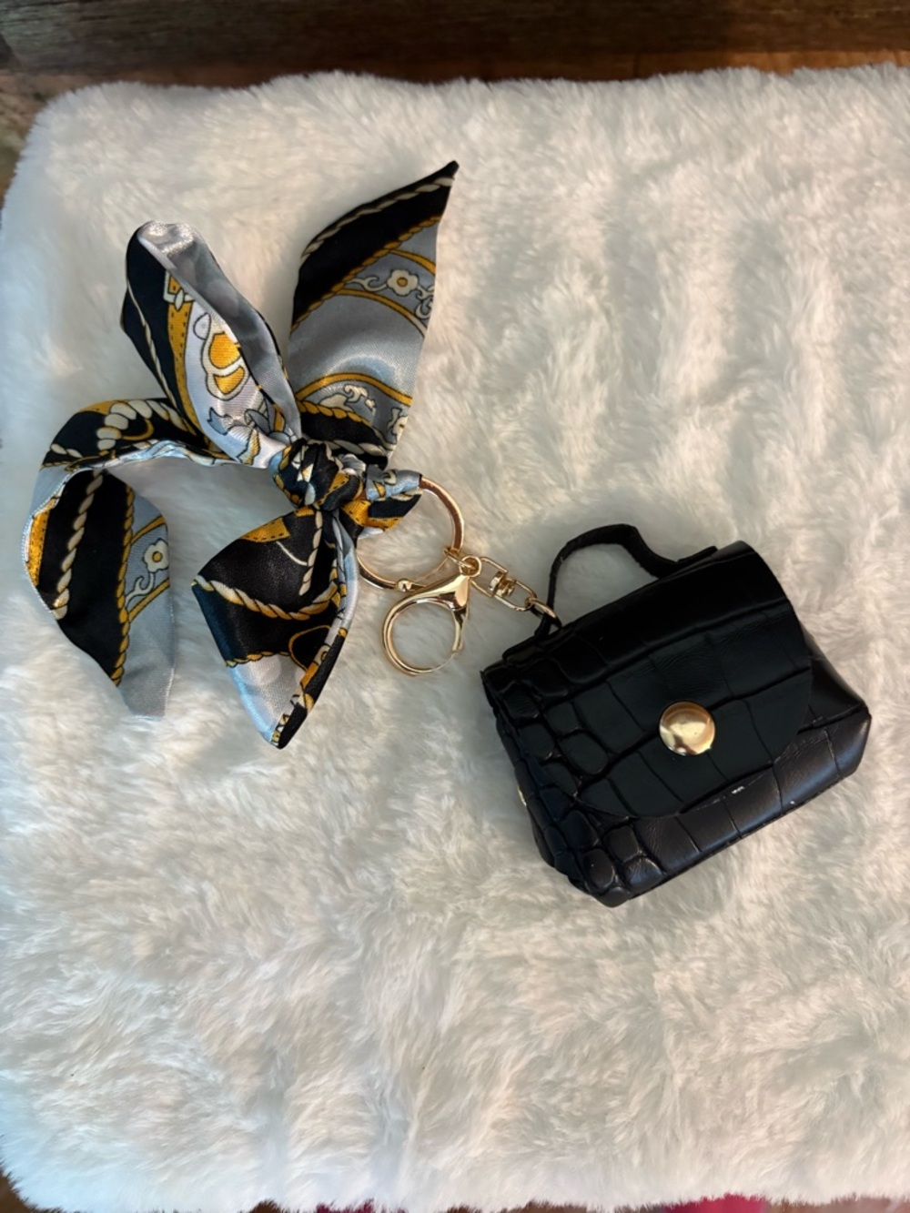 Black Croc Mini Bag Keychain with Decorative Scarf